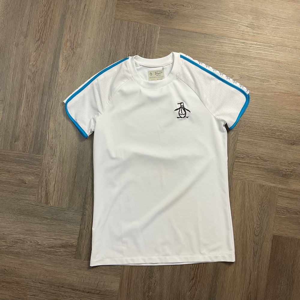 Original Penguin Racquet & Paddle Tennis Golf Logo Shirt Womens Small White Blue